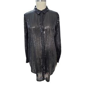 DKNY sheer black fully sequined shirt Blouse tunic Sz m/L Party Cocktail Formal